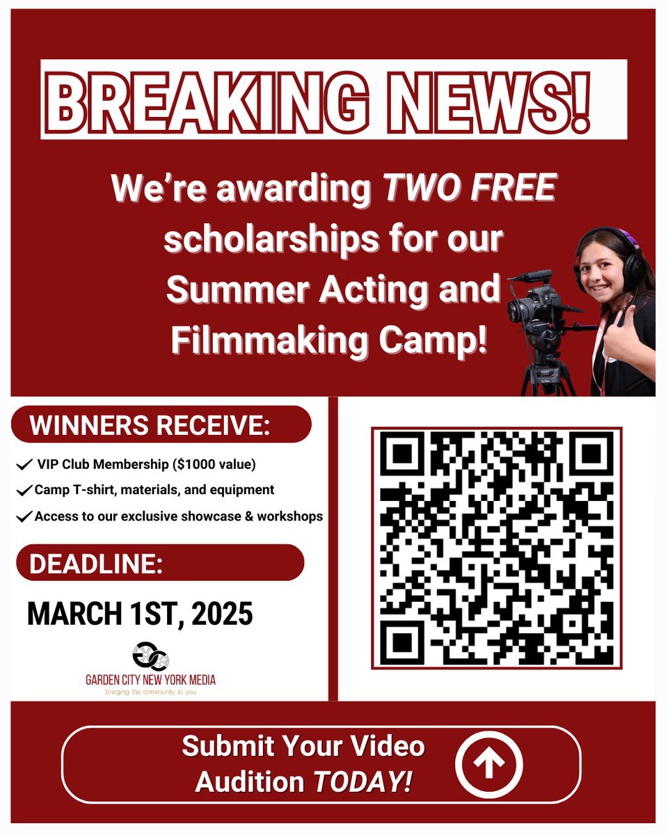 Gcnymedia's tweet photo. 🚨BREAKING NEWS! We’re giving away TWO FREE scholarships to our Acting &amp; Filmmaking summer camp! 🎭 Grades 5-12 apply now for hands on training with industry professionals! 😊 Scan the QR code to enter! https://t.co/MLsp5CmsS3