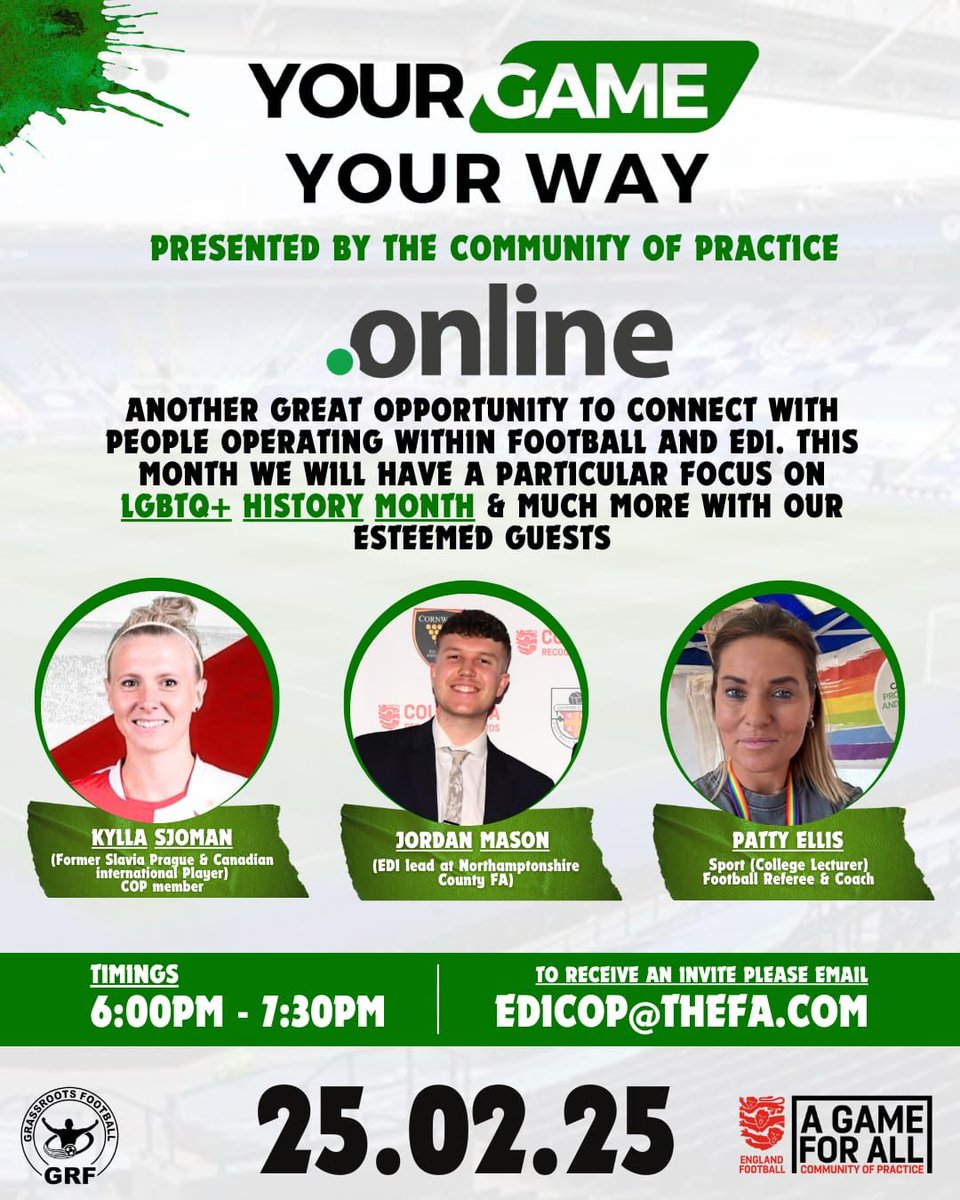 🚨 Your Game - Your Way ONLINE Football &amp; LGBTQ+ History month

🗣️ Let's continue the ED&amp;I conversation. This month we take the conversation online to speak about  
Football &amp; LGBTQ+ History month
with 3 fantastic guests. 

When - 25/2/25
Where - Online
How - Email