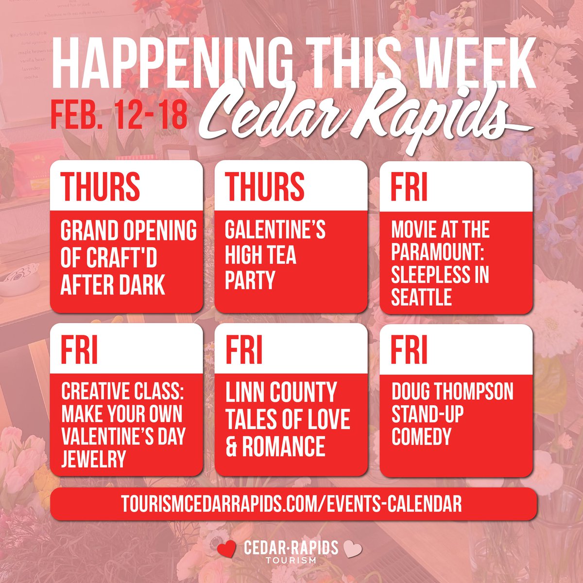 If you're still searching for Valentine's or Galentine's Day activities we have you covered! Check out our event calendar and Valentine's Day blog for ideas!💘

#valentinesday #galentinesday #valentine #thisisiowa #cedarrapids #iowa #datenight #girlsnightout #girls #exciting