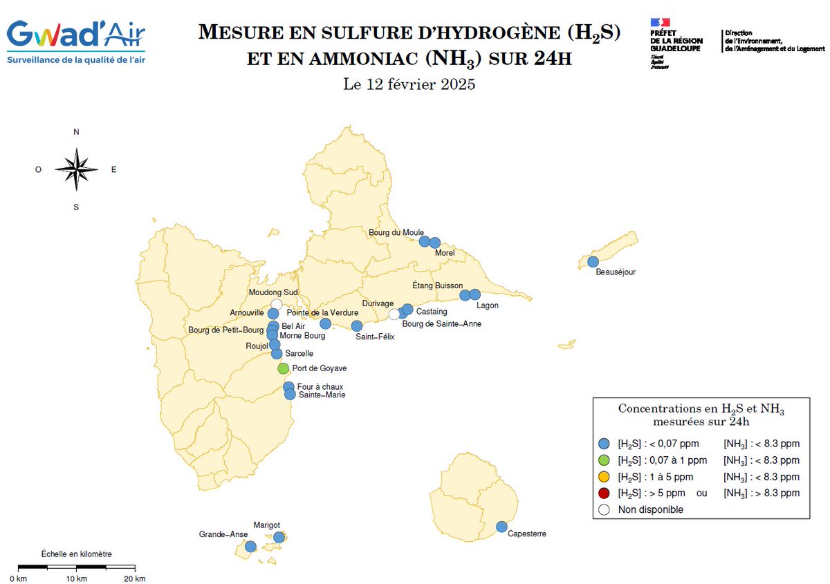 ⚠️ [#Sargasses] Pour la 1ère fois en 2025, Gwad'Air relève, sur l'un des points de mesure sargasses, des niveaux en sulfure d'hydrogène légèrement élevés.
📍Port de Goyave
📈Concentration moyenne en #H2S sur les 24 dernières heures : 0,08ppm
🕗Cartographie établie le 12/02/25, 8h