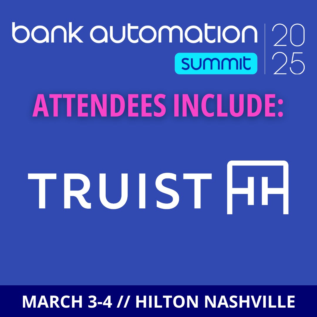 FinAi_News's tweet photo. 🏦 Bank Automation Summit 2025 Confirmed Attendee Alert 🏦
We are excited to welcome @Truist to #BAS25, taking place March 3-4, 2025, in Nashville. 
🔗 Register here: https://t.co/mm1cLOyPhh
#BankAutomationNews #Nashville #AI #Automation #Fintech https://t.co/uAT8VnroAm