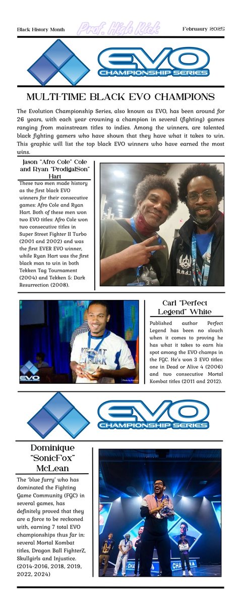 Professor High Kick 🎓 (@taneishajane) on Twitter photo I made a newsletter graphic highlighting multi-time black <a href="/Evo/">Evo</a> champions. Enjoy and let me know what you think! #BlackHistoryMonth #BlackHistoryMonth2025
<a href="/AfroCole/">Jason I. Cole</a>, <a href="/RyanJosephHart/">Ryan Hart</a>, <a href="/PerfectLegend/">Perfect Legend</a>, <a href="/SonicFox/">SonicFox</a> I made a newsletter graphic highlighting multi-time black <a href="/Evo/">Evo</a> champions. Enjoy and let me know what you think! #BlackHistoryMonth #BlackHistoryMonth2025
<a href="/AfroCole/">Jason I. Cole</a>, <a href="/RyanJosephHart/">Ryan Hart</a>, <a href="/PerfectLegend/">Perfect Legend</a>, <a href="/SonicFox/">SonicFox</a>