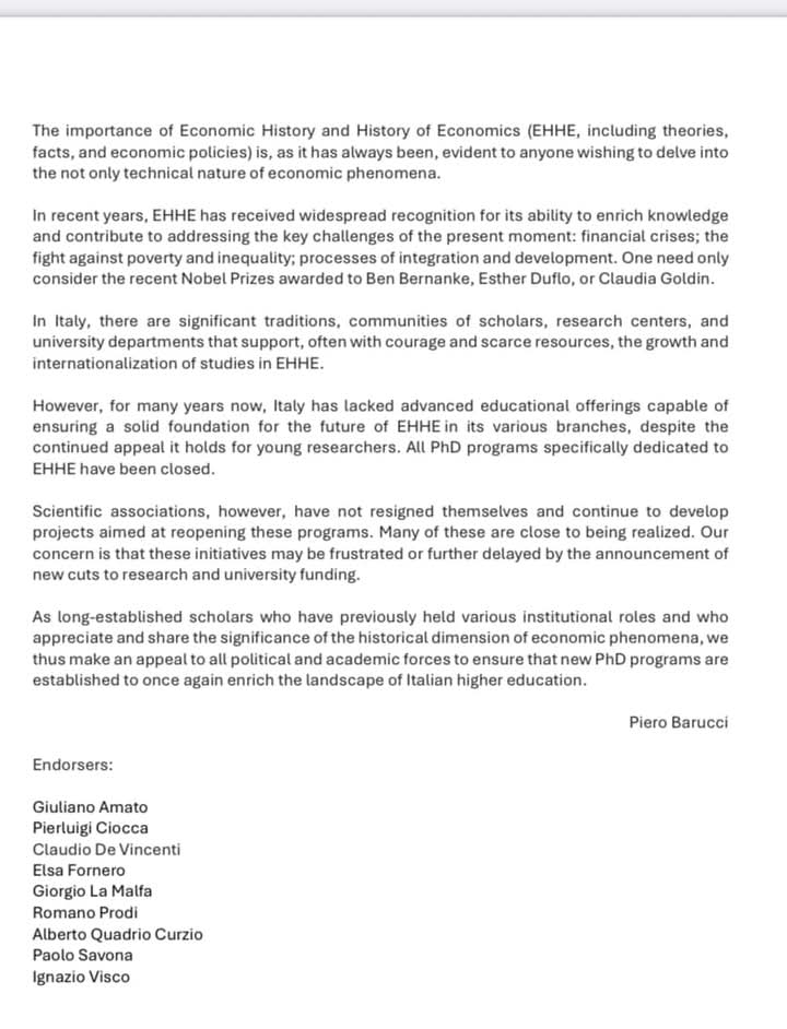 An appeal published in Il Sole 24 Ore by Piero Barucci in support of a PhD program in economic history and history of economic thought. If you would like to sign it, please send an email to storiaeconomia.appello@gmail.com indicating name, role, and affiliated institution.