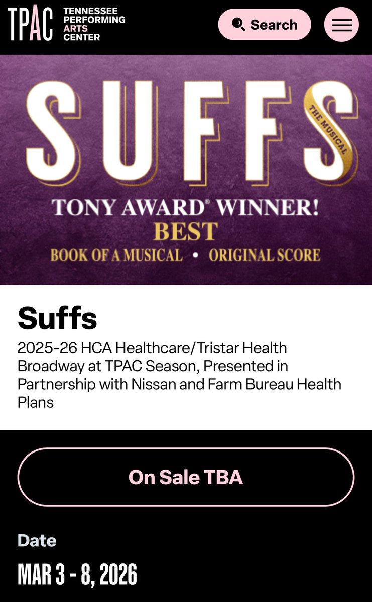 SuffsCastUpdate's tweet photo. Suffs will be part of TPAC’s 45th Anniversary Season! 

📍 Nashville, Tennessee
🗓️ March 3 - 8, 2026 https://t.co/e7WOTuZUnZ