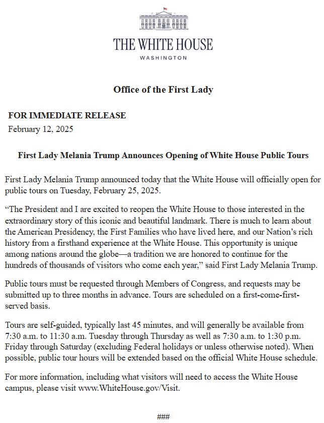 NEW: <a href="/FLOTUS/">First Lady Melania Trump</a> has announced that the whitehouse will once again begin public tours.