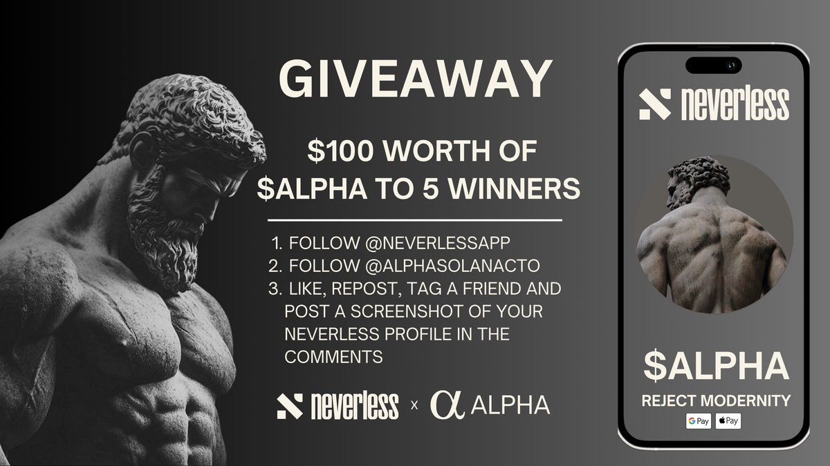 AlphaSolanaCTO's tweet photo. 𝐆𝐈𝐕𝐄𝐀𝐖𝐀𝐘 

✅ In light of our recent listing with @neverlessapp, we’ve partnered up and organized an $ALPHA giveaway! 

➡️ Here’s how you can win: 
1. Follow @neverlessapp 
2. Follow @AlphaSolanaCTO
3. Like, Repost, Tag a friend and post a screenshot of your Neverless profile in the comments. 

🏆 Prizes:
We’re giving away $100 worth of $ALPHA to 5 separate participants!

Winners will be selected randomly on February 15th @ 9pm EST
 
The winnings will be deposited directly into your Neverless account.