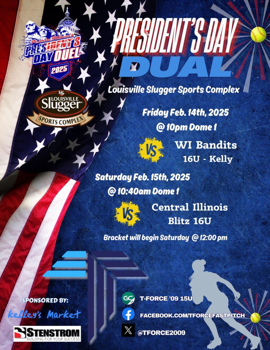 TForce 09 (@tforce2009) on Twitter photo T-Force 09 is ready to battle at the President’s Day Dual! ⚡🥎
🗓️ Friday, Feb. 14 – 10 PM vs. WI Bandits 16U
🗓️ Saturday, Feb. 15 – 10:40 AM vs. Central Illinois Blitz 16U
Let’s bring the energy and get to work! 💪 #NoExcuses
<a href="/sluggerpeoria/">Louisville Slugger Sports Complex</a> T-Force 09 is ready to battle at the President’s Day Dual! ⚡🥎
🗓️ Friday, Feb. 14 – 10 PM vs. WI Bandits 16U
🗓️ Saturday, Feb. 15 – 10:40 AM vs. Central Illinois Blitz 16U
Let’s bring the energy and get to work! 💪 #NoExcuses
<a href="/sluggerpeoria/">Louisville Slugger Sports Complex</a>