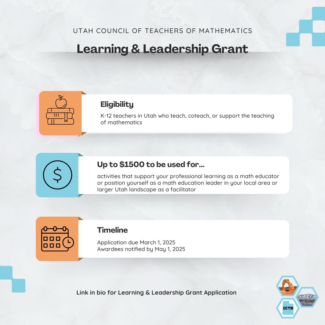 UCTM_math's tweet image. 📢 Exciting Grant Opportunity for Utah Math Educators! 🎉

The UCTM is offering a Learning &amp;amp; Leadership Grant to support K-12 math educators in Utah! 🏫✨

#UCTM #MathEducation #TeacherGrants #ProfessionalLearning #LeadershipDevelopment