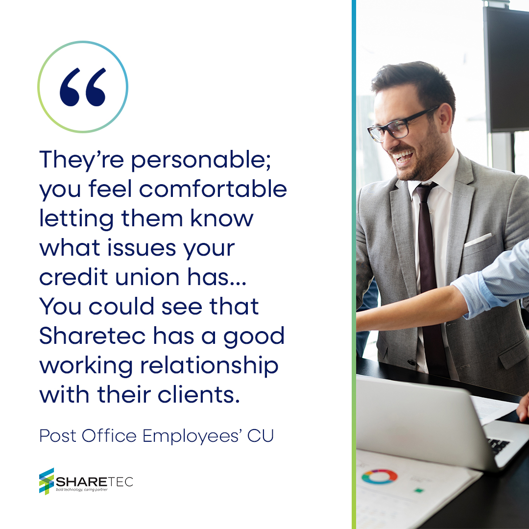 More than just a core, Sharetec prides itself on being a caring partner! Discover how #Sharetec will help Post Office Employees' Credit Union streamline operations &amp; improve the member experience! ow.ly/qHeI50UU90P

#CoreProcessing #CreditUnions #WinningWednesday