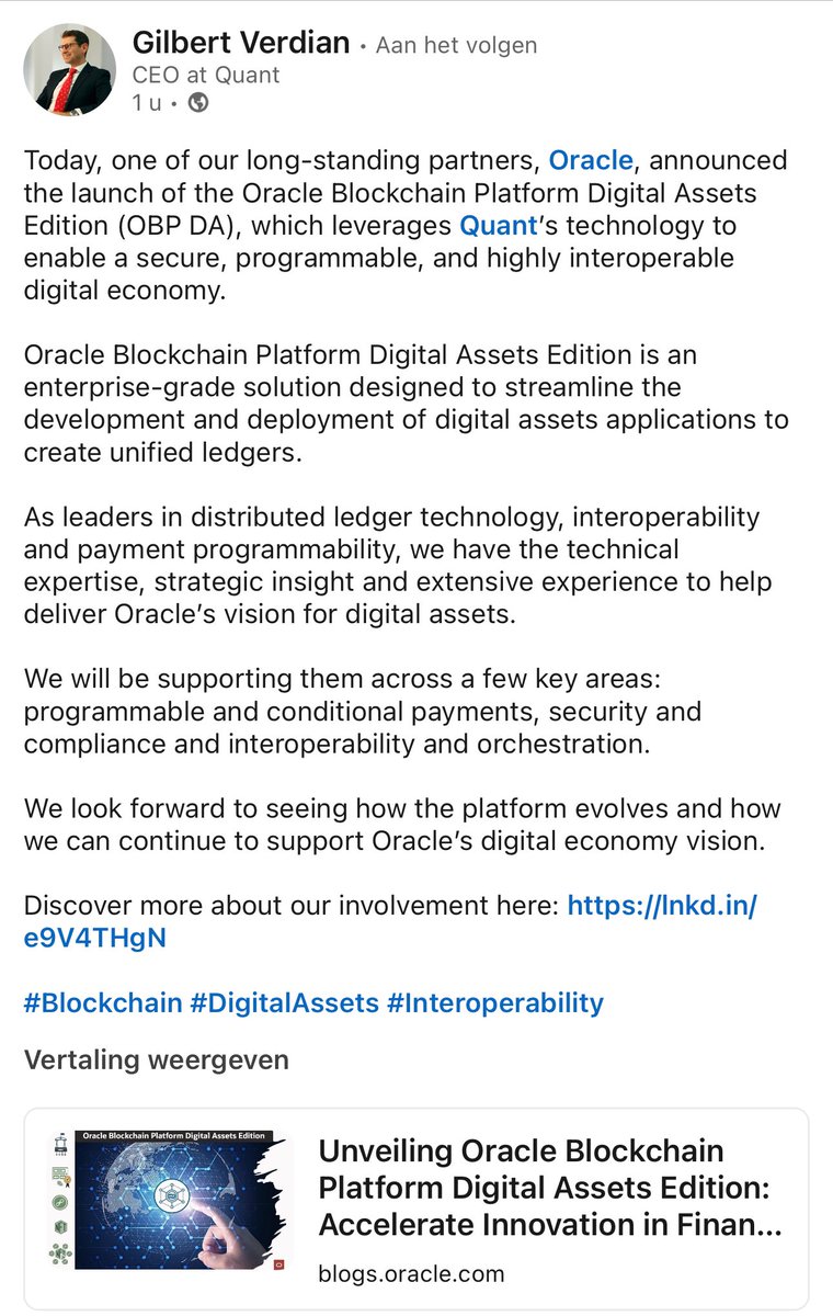 SebasP49474734's tweet photo. $QNT ‼️‼️OMEGABULLISH NEWS FROM QUANT NETWORK‼️‼️

@gverdian posted this today on LinkedIn…

“Today, one of our long-standing partners, Oracle, announced the launch of the Oracle Blockchain Platform Digital Assets Edition (OBP DA), which leverages Quant’s technology to enable a secure, programmable, and highly interoperable digital economy.

Oracle Blockchain Platform Digital Assets Edition is an enterprise-grade solution designed to streamline the development and deployment of digital assets applications to create unified ledgers.

As leaders in distributed ledger technology, interoperability and payment programmability, we have the technical expertise, strategic insight and extensive experience to help deliver Oracle’s vision for digital assets.

We will be supporting them across a few key areas: programmable and conditional payments, security and compliance and interoperability and orchestration.

We look forward to seeing how the platform evolves and how we can continue to support Oracle’s digital economy vision”

Discover more about our involvement here: https://t.co/st9lKQjKp2 

#Blockchain #DigitalAssets #Interoperability
