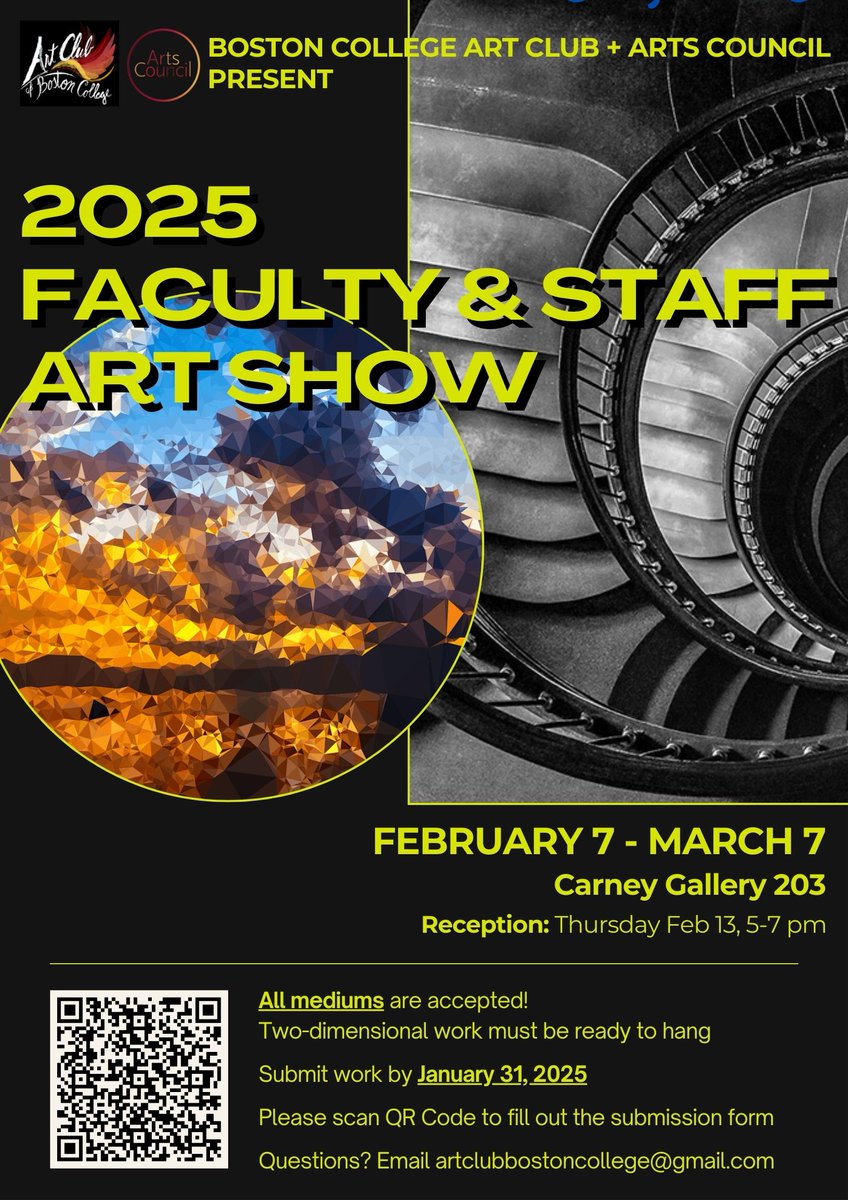 Faculty &amp; Staff Show reception is happening this Thursday from 5 to 7 PM at Carney Gallery.

The BC Art Club &amp; BC Arts Council would love for all to stop by. This event offers a wonderful opportunity to engage in meaningful conversations about the practice of art-making.