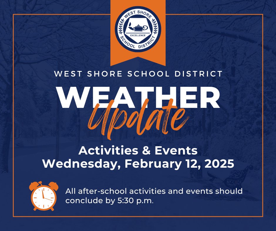 Due to the expected inclement weather, all after-school and evening activities should conclude by no later than 5:30 p.m., February 12, 2025.

Please contact your child's activity advisor, coach or school for additional information about a specific event. Stay safe this evening!