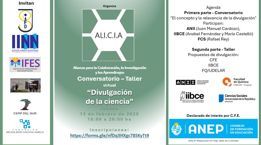#DeInterés 👇
Charla vitual "EL concepto y la relevancia de la divulgación" de la red ALICIA (Alianza para la Colaboración, la Investigación y los Aprendizajes)

🗓️ 13/2, 18 h.
Inscripciones: docs.google.com/forms/d/e/1FAI…