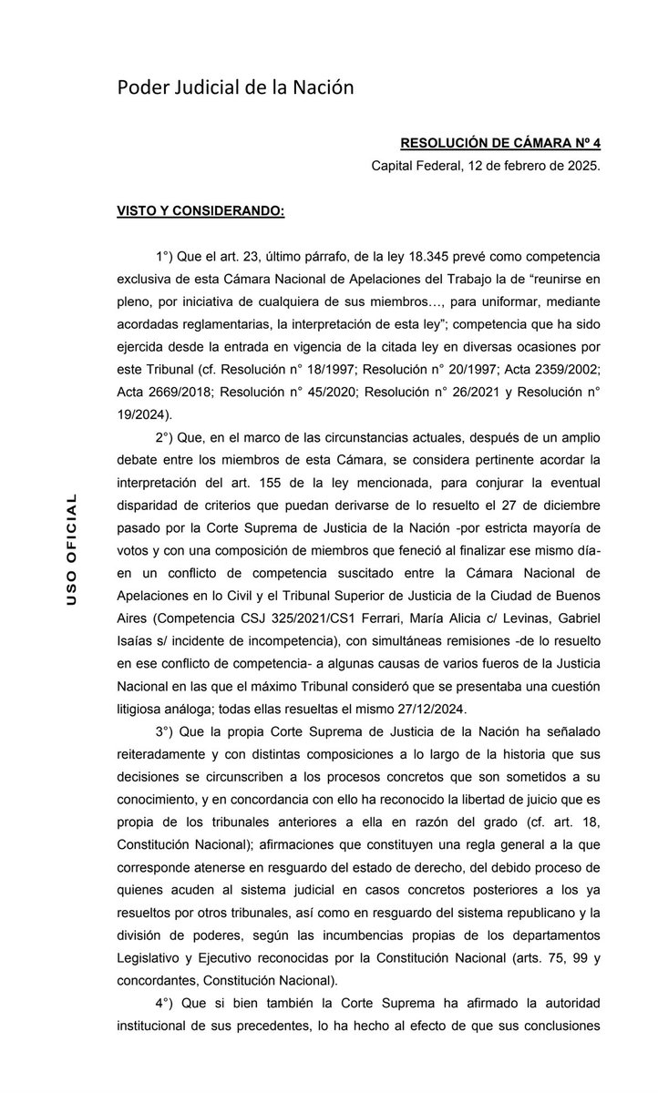 Estudio_Rolon's tweet photo. 🚨 La Cámara Nacional del Trabajo decidió por unanimidad NO acatar el fallo Levinas desconociendo al TSJ como instancia revisora https://t.co/yTF3yvvZvl