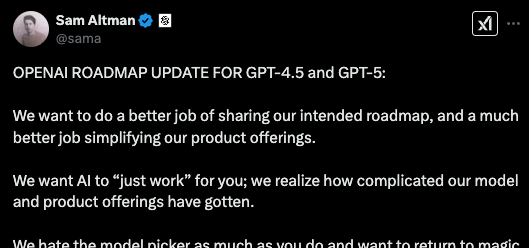 ctgptlb's tweet photo. 【速報】OpenAI CEOサムがGPT-4.5およびGPT-5のロードマップに言及!!

概要
・時期モデルはGPT-4.5のリリース!
・oシリーズはGPTに統合される
・その次は遂に『GPT-5』が登場
・GPT-5は無料ユーザーも無制限
・Plusは高知能版、Proは更に知能が高いGPT-5
・音声/検索/Deep Researchなども統合される