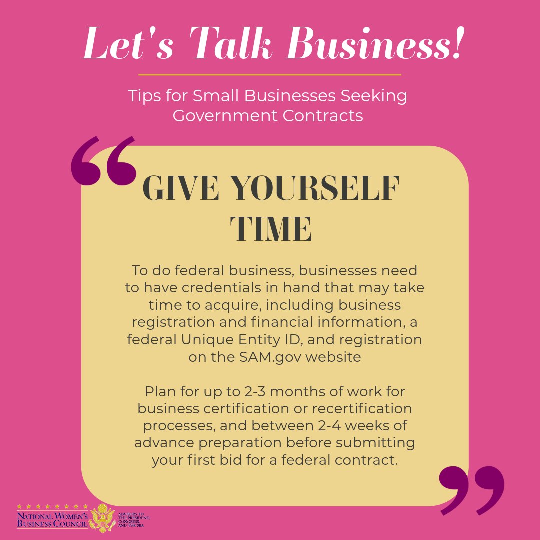 Let’s Talk Business!💼

Obtaining a government contract can be tough and a bit overwhelming. This is why NWBC met with entrepreneurs to bring you tips on obtaining a government contract!

👉For more tips, check out the blog post on our website at nwbc.gov/news/tips-for-….