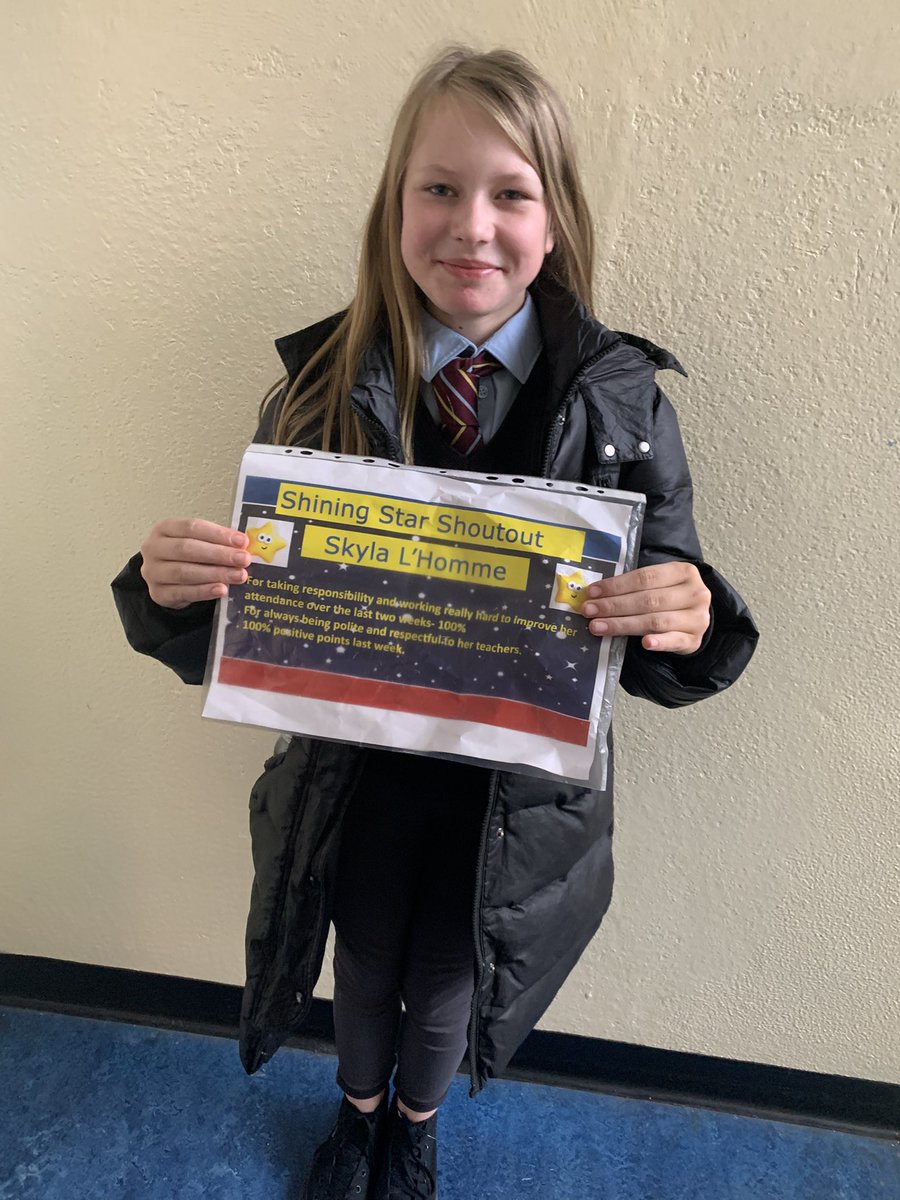 Our Monday 10th Shining Star Shoutout goes to S.L’Homme. ⭐️⭐️ for 100% attendance, 100% positive ClassChart points and always being respectful and polite to staff and her peers, Llongyfarchiadau mawr ⭐️🎉