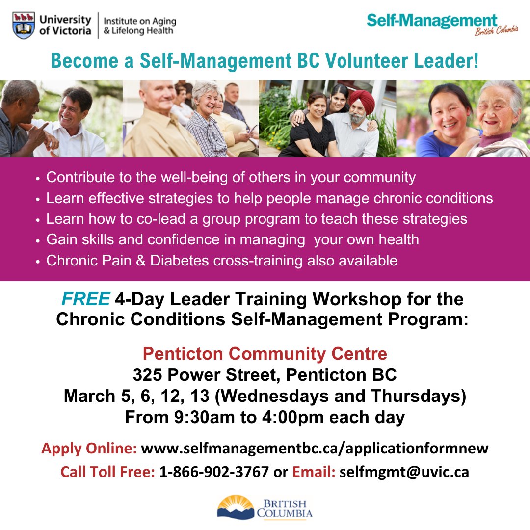If you live in the Penticton area and are interested in becoming a volunteer Program Leader with Self-Management BC, please visit our website to fill in the online form and reserve your spot: selfmanagementbc.ca/applicationfor…
