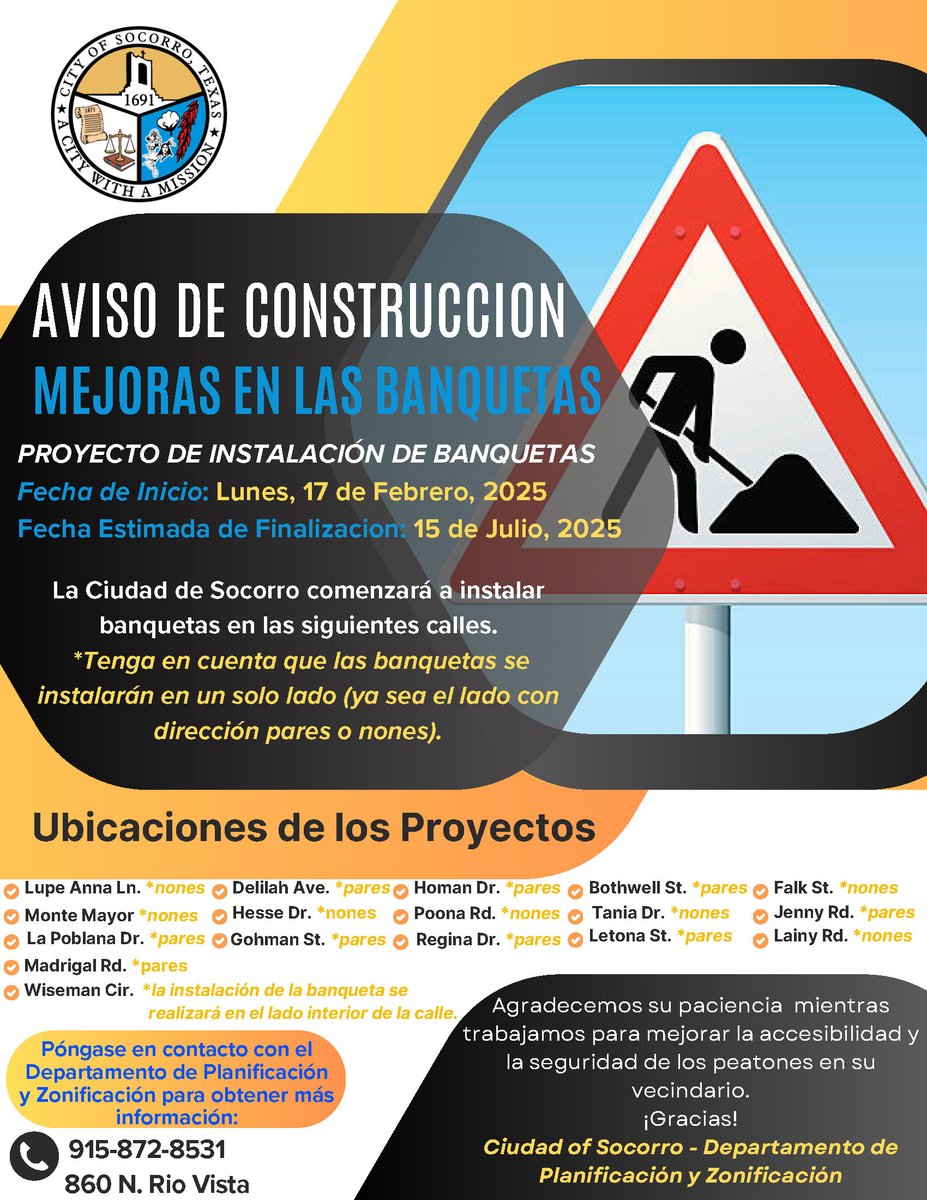 ¡La siguiente fase de banquetas comenzará a construirse el próximo lunes! Consulte el folleto adjunto para conocer las ubicaciones de las obras. Estamos entusiasmados por ver cómo nuestra hermosa ciudad crece y se desarrolla. Si tiene preguntas, llame al (915) 872-8531.