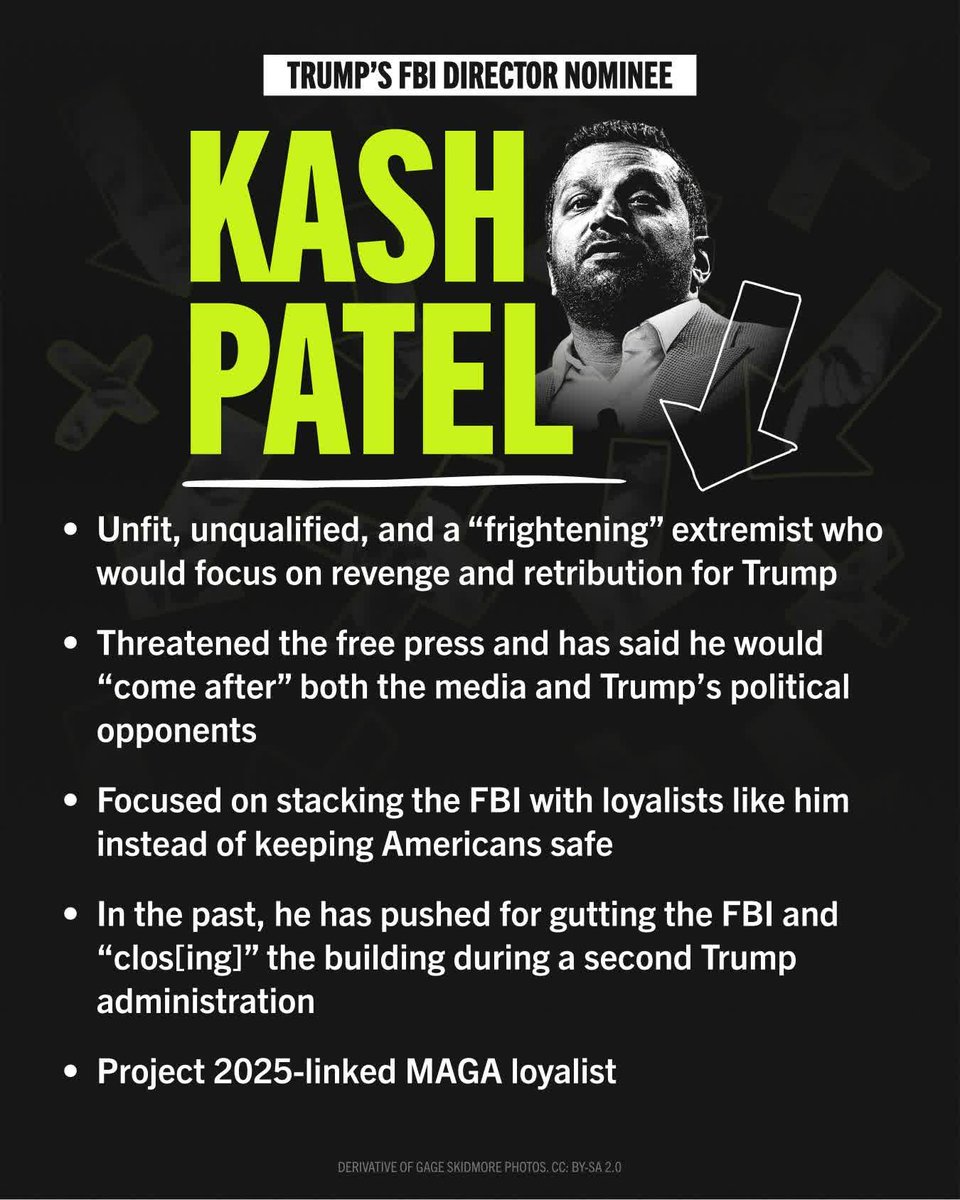 DemocratsofIR's tweet image. Kash Patel is motivated by political revenge, not delivering justice. His book names an "enemies list" and he's publicly threatened media figures and political opponents with jail time. This is not the kind of leadership we need