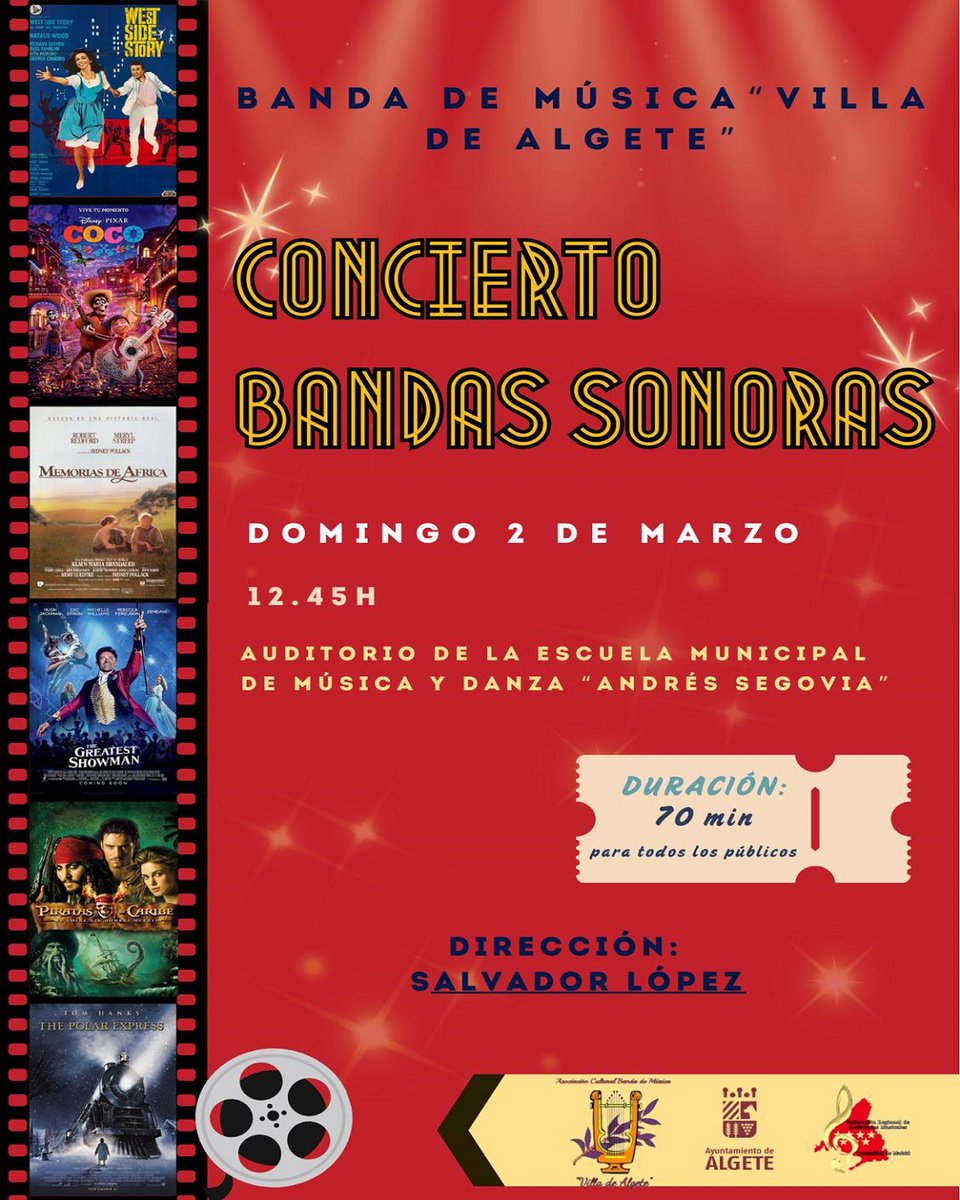 Domingo 2 de marzo, Concierto de Bandas Sonoras. 🎶🎬🎺
🕗 A las 12:45 horas en la Escuela Municipal de Música y Danza de Algete (Plaza de la Constitución)
✨✨ ¡Os esperamos! ✨✨

*cartel: Lucía Rodríguez González
