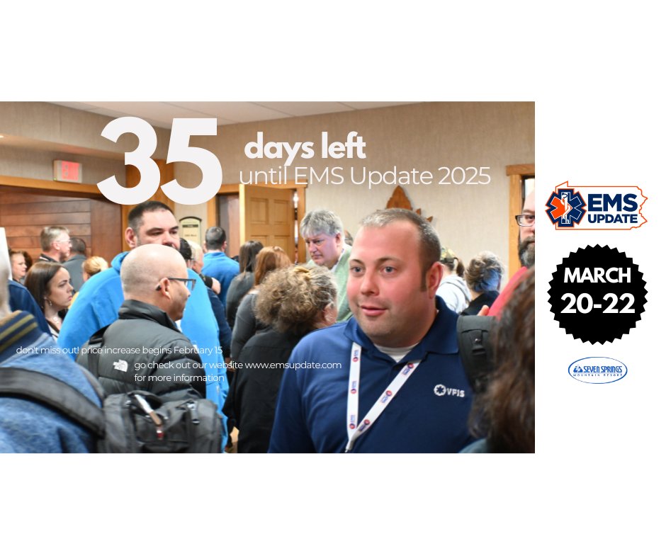 Registration increases on February 15! Your best pricing for EMS Update 2025, being held at 7 Springs Mountain Resort, March 20-22, is going away soon.

Hope to see you on the mountain!

PS - Hi Justin!