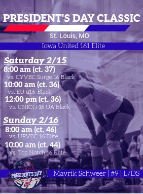 Mavrik Schweer (@mavrikschweer27) on Twitter photo Nike Presidents Day Classic
16 Open Tournament Schedule!!
#oneway #weareunited
<a href="/IowaUnitedVB/">Iowa United Volleyball</a> Nike Presidents Day Classic
16 Open Tournament Schedule!!
#oneway #weareunited
<a href="/IowaUnitedVB/">Iowa United Volleyball</a>