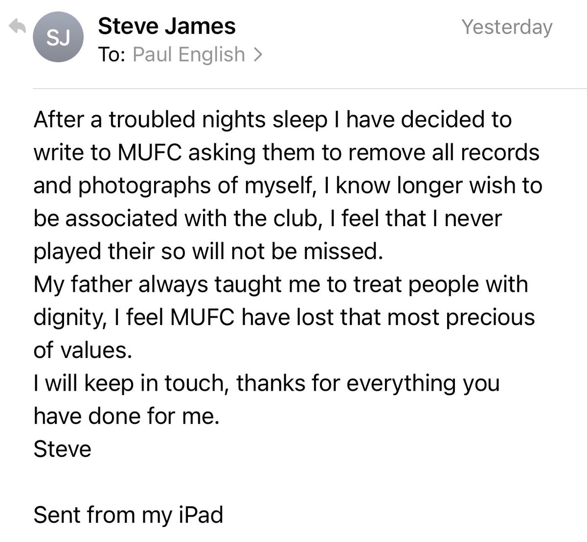 paulenglish1961's tweet photo. As you may know I often converse with ex United centre back Steve James. He had been upset in the way the club has been run of late, so much so that he will ask to be removed from club records as he no longer feels associated to United. This is the sad state of affairs now. #MUFC https://t.co/ZsVIhXSnY1