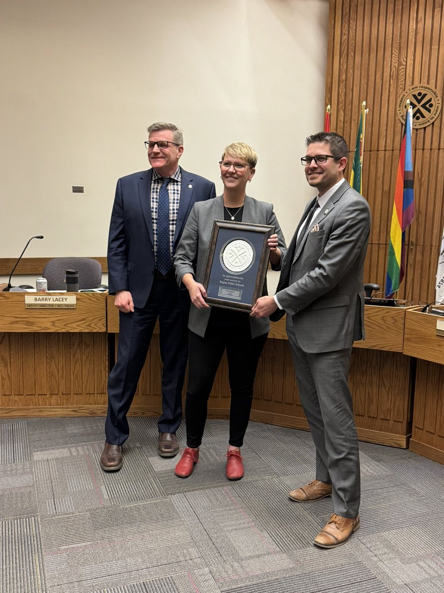 Last night at our Board Meeting, we recognized the service of past Trustee Tara Molson <a href="/TaraMolson/">Tara Molson</a>. She was a dedicated Board member 2020-24, taking on both VC and Chair positions during her time. Thank you for your voice and leadership with <a href="/RegPublicSchool/">Regina Public Schools</a>. <a href="/AdamHicksRegina/">Adam Hicks</a>