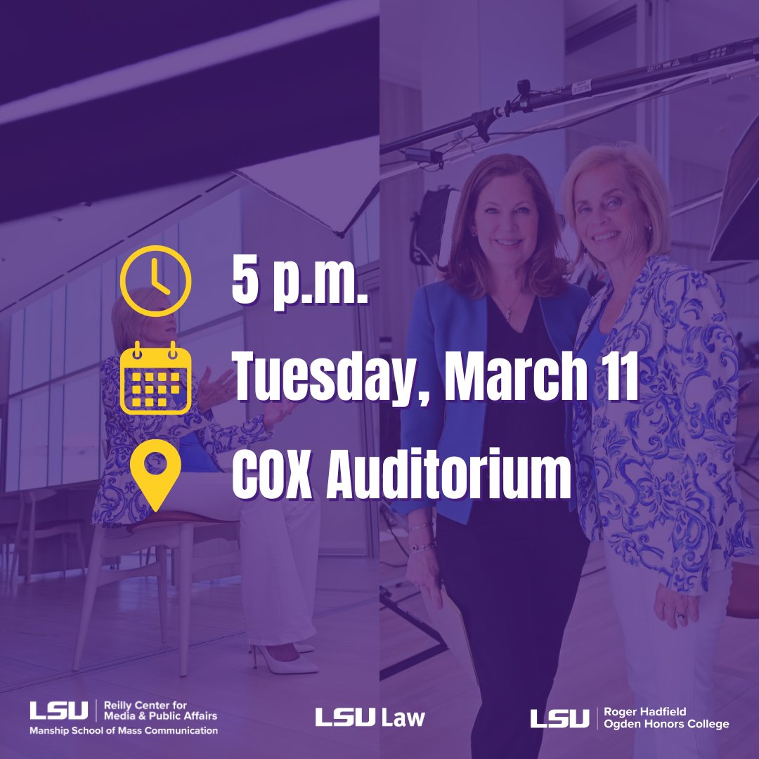 Reilly Center (@reillycenter) on Twitter photo 📢 Don’t miss <a href="/JanCBS/">Jan Crawford</a>, CBS News Chief Legal Correspondent, diving into the intersections of law, journalism & society, with <a href="/KimMulkey/">Kim Mulkey</a> kicking things off and leading an engaging Q&A session!
Secure your spot now: ow.ly/Hh0750UYRoK
<a href="/ManshipSchool/">LSU Manship School of Mass Communication</a> <a href="/LSULawCenter/">LSULawCenter</a> <a href="/LSU_Honors/">Ogden Honors College</a> 📢 Don’t miss <a href="/JanCBS/">Jan Crawford</a>, CBS News Chief Legal Correspondent, diving into the intersections of law, journalism & society, with <a href="/KimMulkey/">Kim Mulkey</a> kicking things off and leading an engaging Q&A session!
Secure your spot now: ow.ly/Hh0750UYRoK
<a href="/ManshipSchool/">LSU Manship School of Mass Communication</a> <a href="/LSULawCenter/">LSULawCenter</a> <a href="/LSU_Honors/">Ogden Honors College</a>