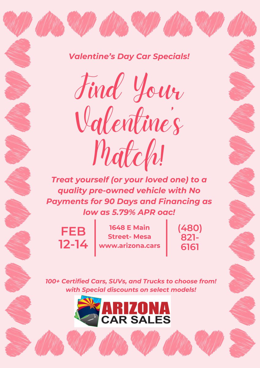 ArizonaCarSales's tweet photo. 🚗 💘 Fall in LOVE with your next car! 💘

Valentine’s Day Sale at Arizona Car Sales:
✅ No Payments for 90 Days and financing as low as 5.79% APR oac!
✅ We’ll Beat Any Written Trade-In Offer!
✅ Certified Pre-Owned Cars, Trucks &amp; SUVs
(480) 821-6161 |  https://t.co/tOyaBkCgh2 https://t.co/3uLGgR4tN1