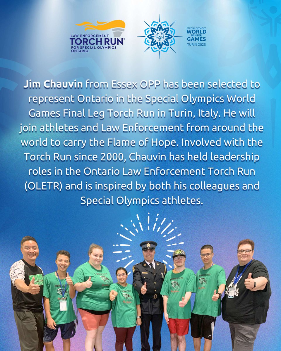 Torch Run Ontario (@torchrunontario) on Twitter photo We're thrilled to announce Jim Chauvin from Essex OPP will represent Ontario for the <a href="/sowg_/">Special Olympics World Games</a> #Turin2025 Final Leg Torch Run!
Jim will carry the Flame of Hope and help ignite the #InclusionRevolution in Italy next month. <a href="/LETRforSO/">LETR</a>
Jim's story: www1.torchrunontario.com/blog/constable… We're thrilled to announce Jim Chauvin from Essex OPP will represent Ontario for the <a href="/sowg_/">Special Olympics World Games</a> #Turin2025 Final Leg Torch Run!
Jim will carry the Flame of Hope and help ignite the #InclusionRevolution in Italy next month. <a href="/LETRforSO/">LETR</a>
Jim's story: www1.torchrunontario.com/blog/constable…