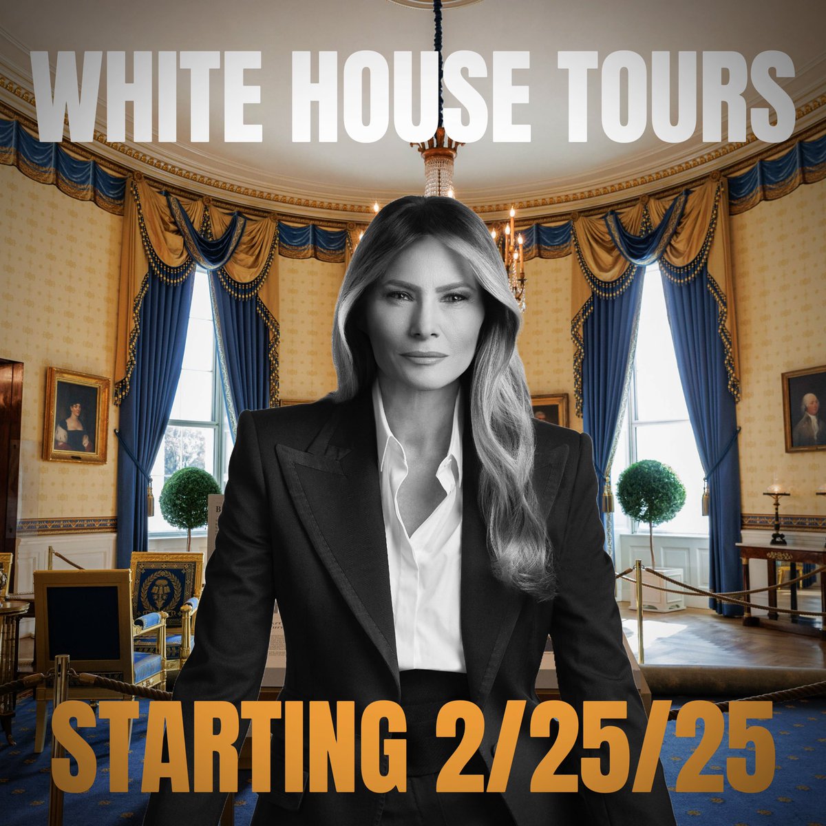 FutureAmericaX's tweet image. WHITE HOUSE TOURS STARTING 2/25/25 🇺🇸

First Lady Melania Trump announces she and the President will begin to host visitors beginning February 25.