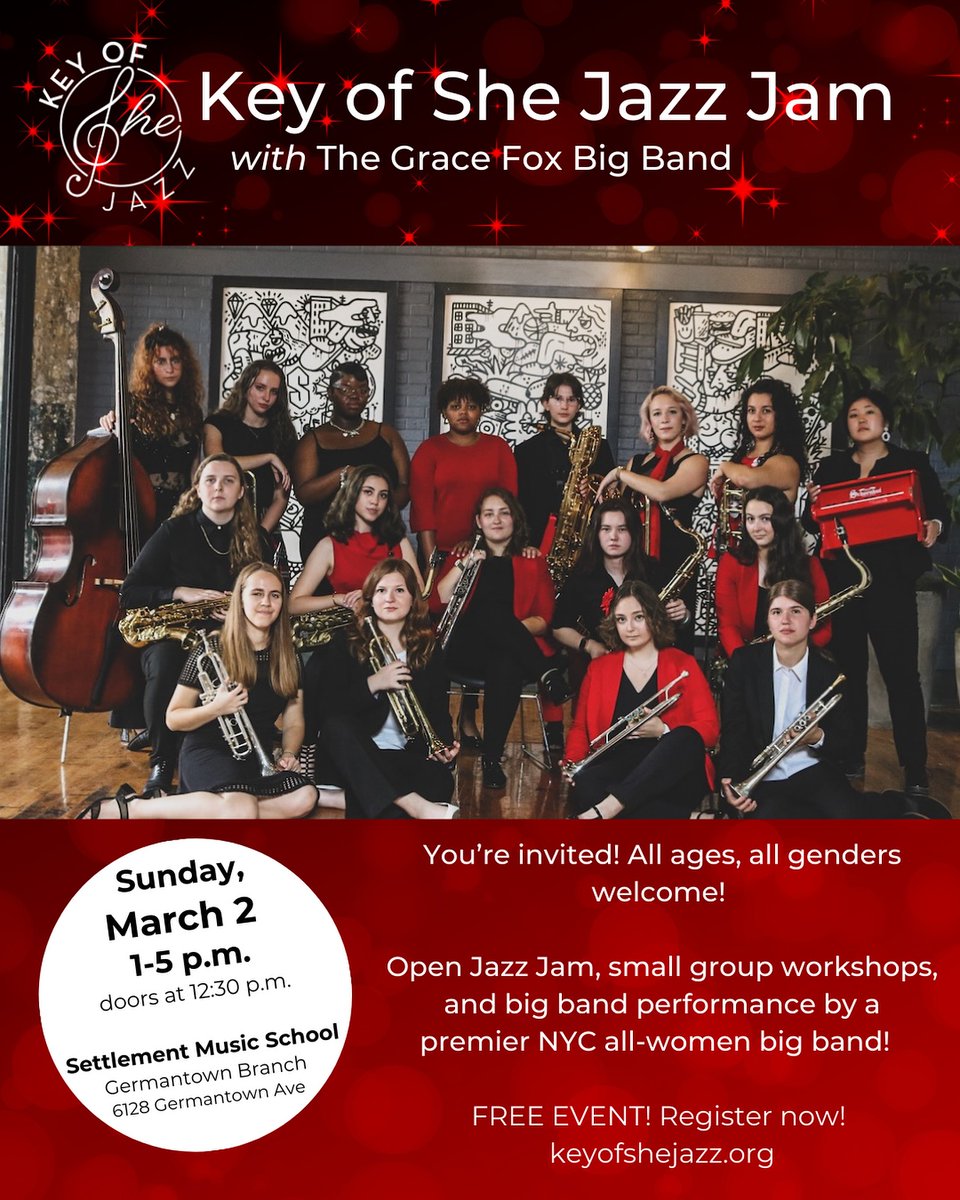 📣 The Key of She Jazz Jam 2025 is coming to our Germantown Branch, March 2, 1-5 p.m.! Join us for a jam session, performances, and workshops by instrument with the Grace Fox Big Band. 

Learn more and register here: zeffy.com/en-US/ticketin…