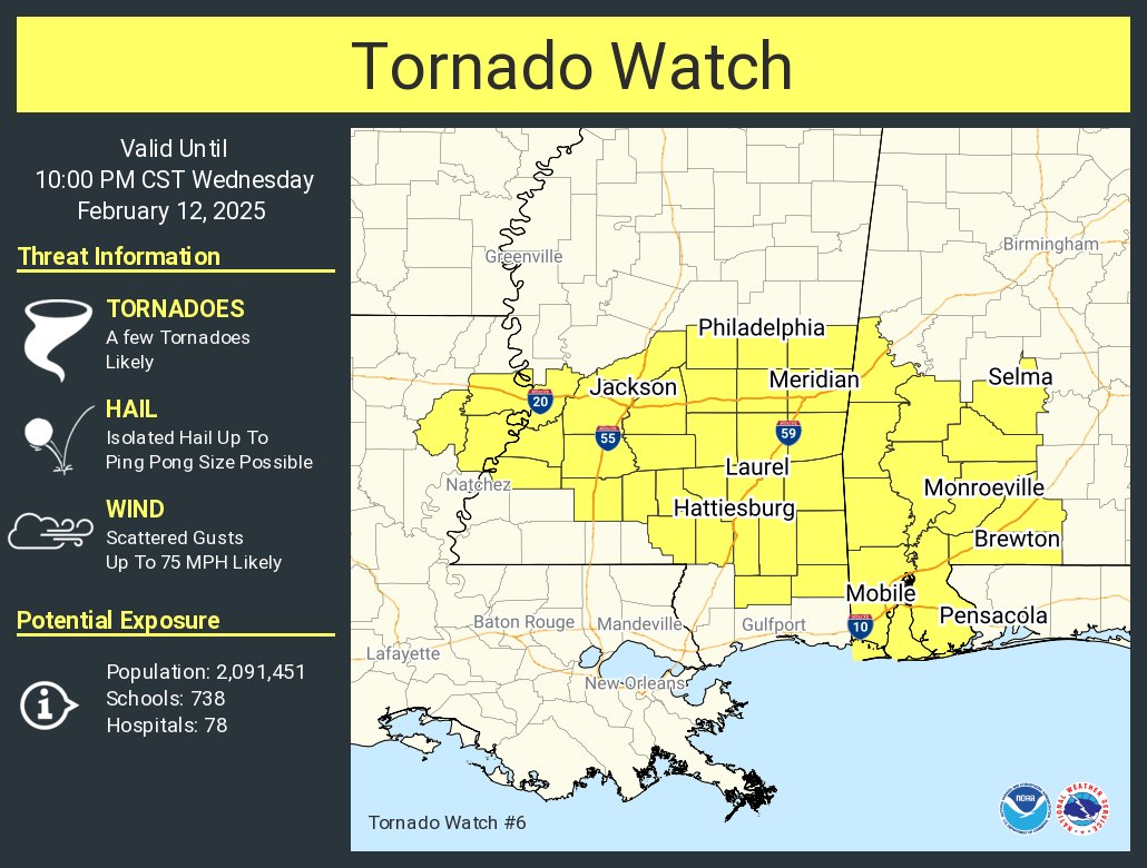 NWSMobile's tweet photo. A tornado watch has been issued for parts of Alabama, Louisiana and Mississippi until 10 PM CST https://t.co/SJor4cLHn7