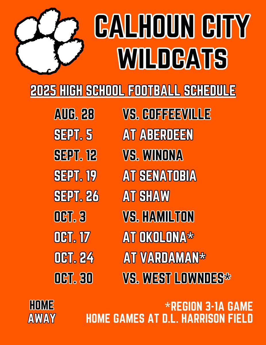 Our 2025 football schedule is here!

Ready to take 1A by storm. 

#CalhounCity | #CityPride