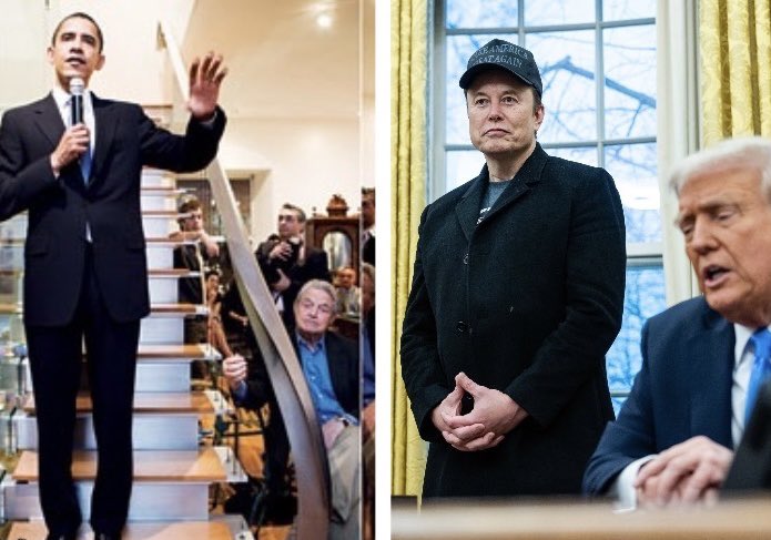 The billionaire behind Obama sat in the shadows.

The billionaire behind Trump stands in the light.