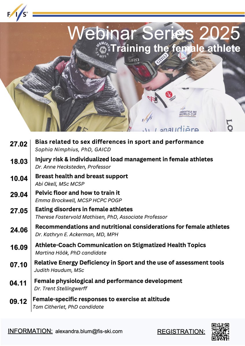 We have put together a great line-up of speakers for our second edition of the FIS webinar series "Training the female athlete".🤩

Register for free👉 forms.office.com/pages/response…