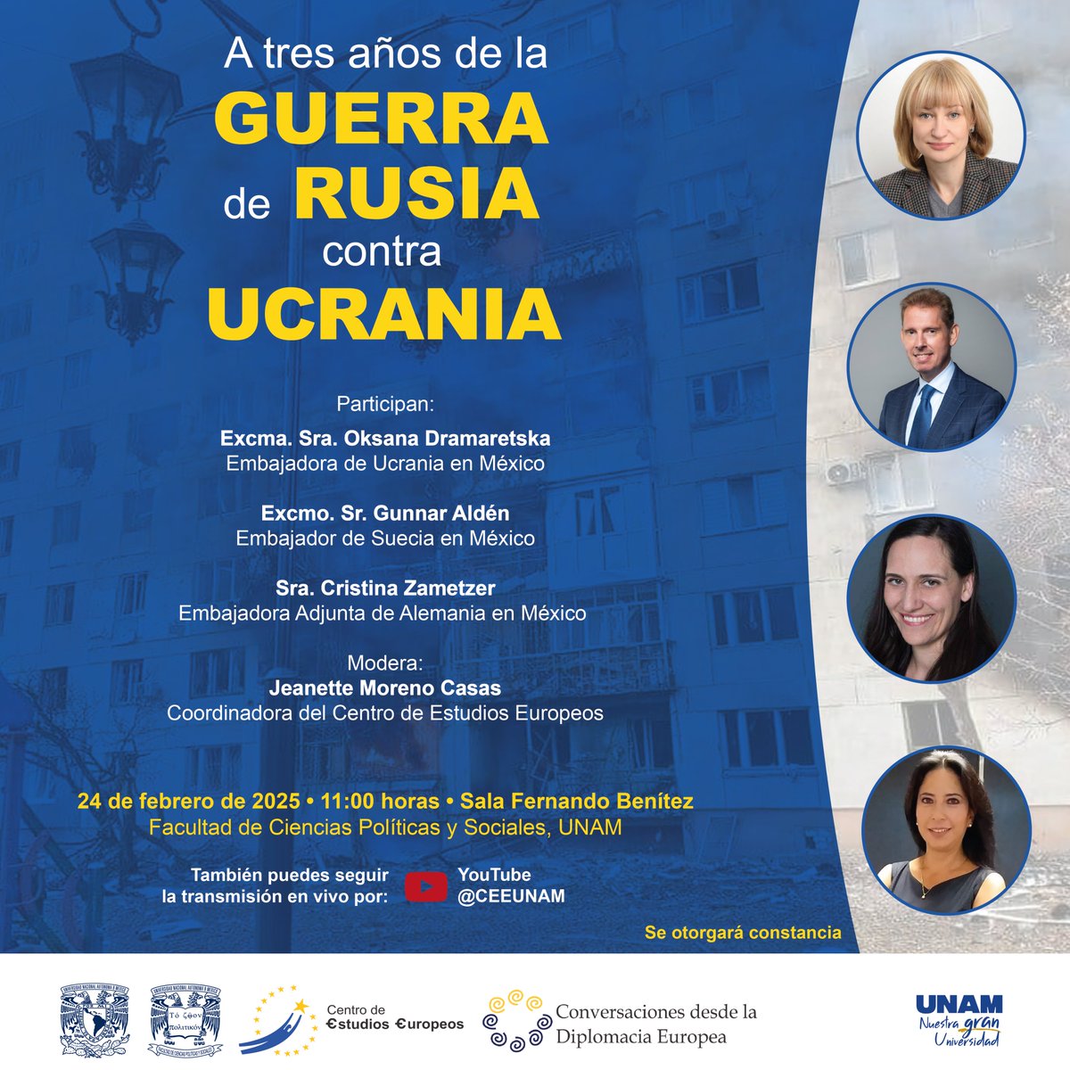 #ConversacionesDesdeLaDiplomaciaEuropea
#CEE
Te esperamos en la #FCPyS, para la conferencia "A tres años de la Guerra de Rusia contra Ucrania".  ¡No te la puedes perder!
🗒️Lunes 24 de febrero, 2025
🕙11:00 horas 
📍Sala Fernando Benítez, #FCPyS  #UNAM