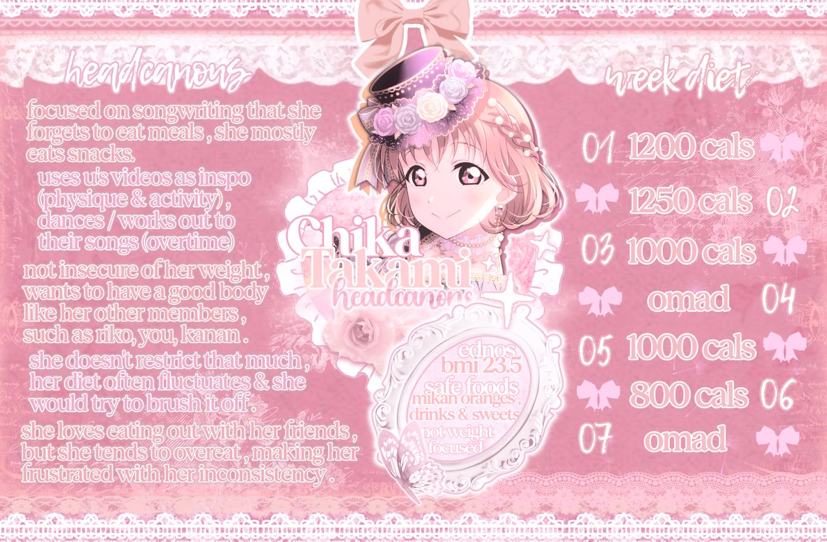 ⠀⠀
    ⑅⸝⸝  #idoledtwt  ⁀  🎀  𓊆  𝒍𝒐𝒗𝒆𝒍𝒊𝒗𝒆  𝒅𝒊𝒆𝒕  𓊇  
     ꨄ    aqours   01ﾉ09 ೀ   tꪖkamﺃ  chﺃkꪖ
⠀
   ︶⏝ ⊹ ︶⏝︶⭒  ⊹  ⭒︶⏝︶ ⊹ ⏝︶
⠀⠀