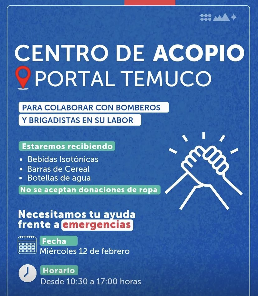 Como TECHO-Chile, hacemos un llamado a apoyar a los equipos que en estos momentos luchan contra los incendios. Puedes hacerlo a través de los centros de acopio, como el del <a href="/INJUV_Araucania/">INJUV Araucanía</a>