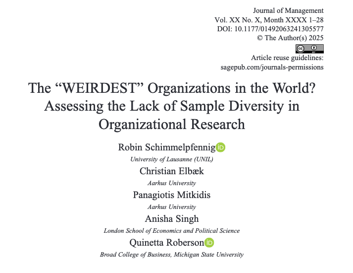 Robin Schimmelpfennig (@schimmelrob) on Twitter photo Have you ever wondered why findings in organizational research are not always applicable to practical contexts & grand challenges our times? 🧐
Maybe it is the of data we sample?!
New paper out in JOM Yearly Review!
<a href="/CElbaek/">Christian T. Elbaek</a>
Panagiotis Mitkidis
<a href="/anisha0singh/">Anisha Singh</a>
Quinetta Roberson Have you ever wondered why findings in organizational research are not always applicable to practical contexts & grand challenges our times? 🧐
Maybe it is the of data we sample?!
New paper out in JOM Yearly Review!
<a href="/CElbaek/">Christian T. Elbaek</a>
Panagiotis Mitkidis
<a href="/anisha0singh/">Anisha Singh</a>
Quinetta Roberson