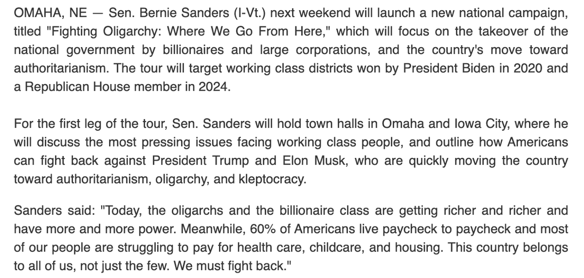 Sam Brodey (@sambrodey) on Twitter photo Inbox: <a href="/BernieSanders/">Bernie Sanders</a> is launching a "National Tour to Fight Oligarchy," beginning this weekend in Omaha and Iowa City Inbox: <a href="/BernieSanders/">Bernie Sanders</a> is launching a "National Tour to Fight Oligarchy," beginning this weekend in Omaha and Iowa City