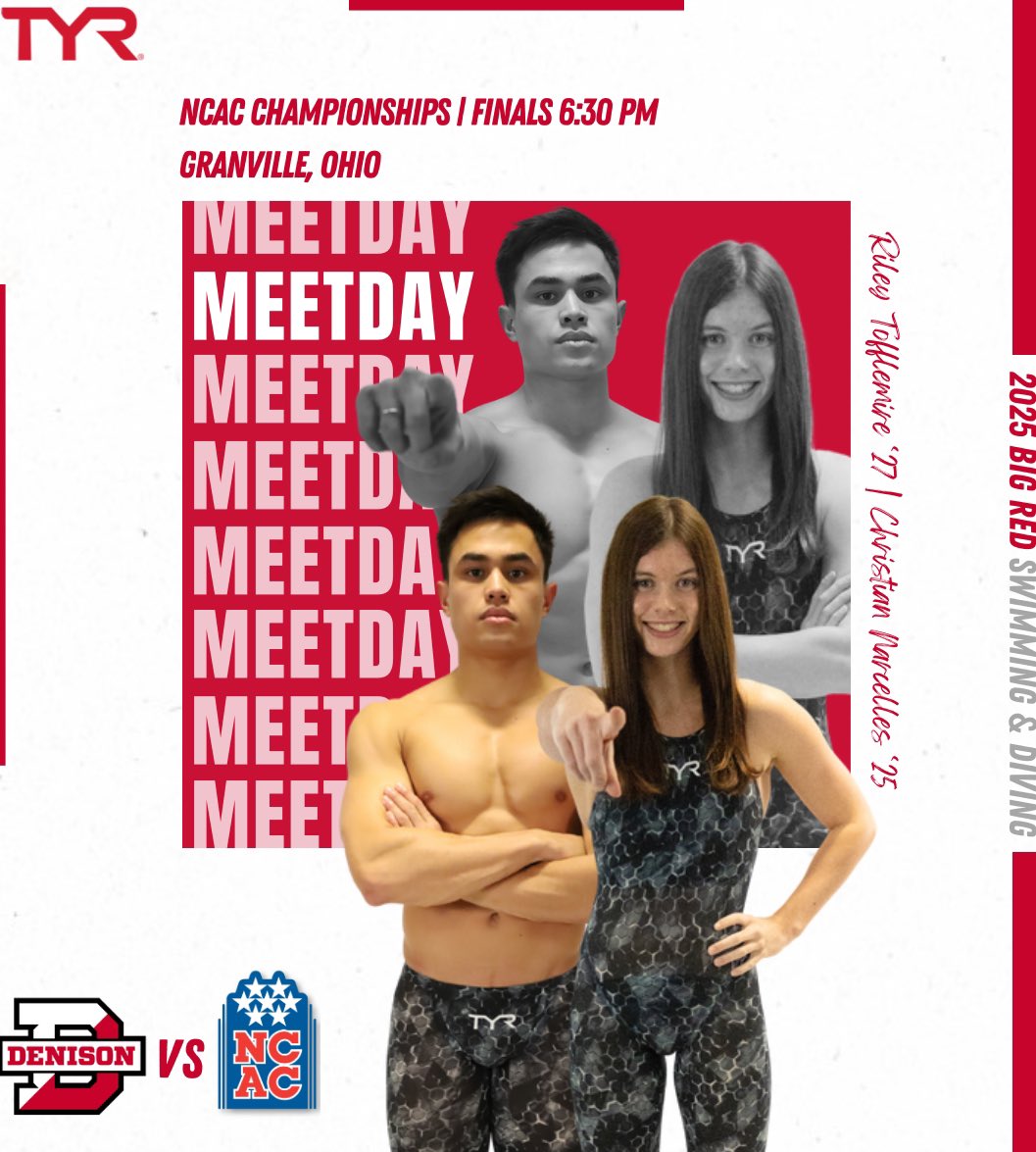 NCAC Championships 2025 begins today! 
Diving prelims 5:00
200 Medley Relays 6:30
Diving finals 7:00
800 Free Relays 7:30