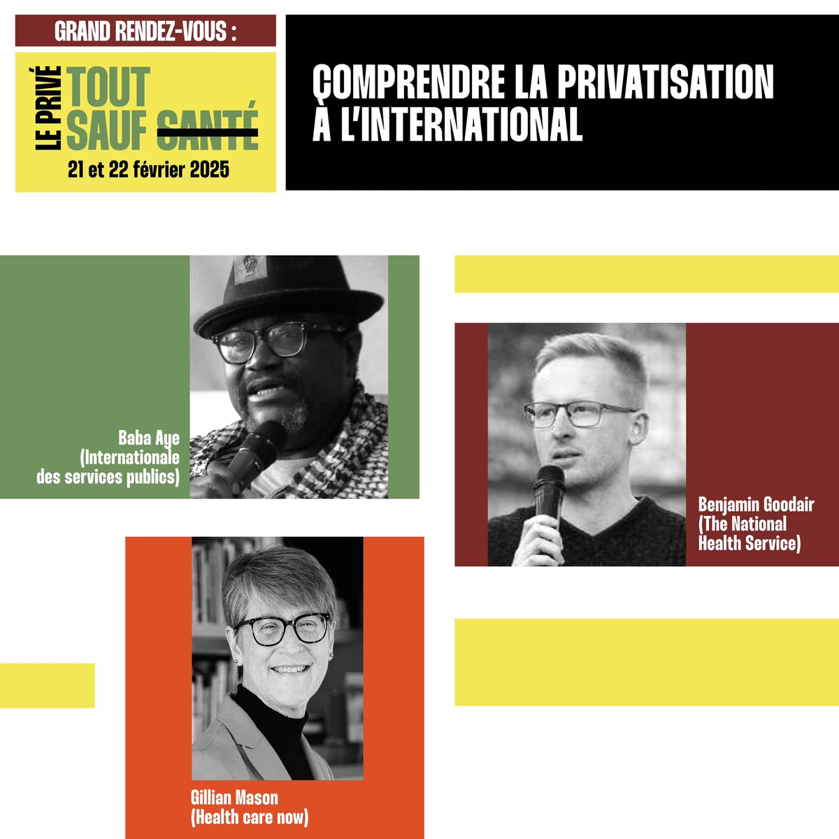 Tout un rendez-vous, les 21 et 22 février, contre la privatisation de notre santé, de nos services sociaux.
Voici les conférencières et conférenciers qui prendront la parole.
À suivre sur la page Facebook de Tout sauf santé facebook.com/toutsaufsante
<a href="/laCSN/">CSN</a>  #MouvementCSN #FSSS