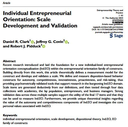 ETPjournal's tweet image. How do we measure entrepreneurial behavior at the individual level? New research develops and validates a scale for Individual Entrepreneurial Orientation, assessing autonomy, competitiveness, innovativeness, proactiveness, and risk-taking.
doi.org/10.1177/104225…