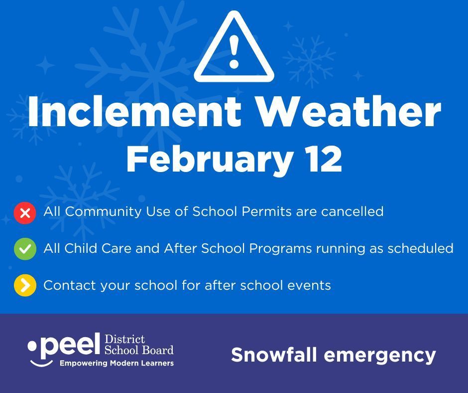 Due to the anticipated inclement weather, all permits for community use of school for this evening are cancelled. Child Care Centres and After School Programs operated by licensed third party providers will operate as scheduled. For after school events, please contact your school
