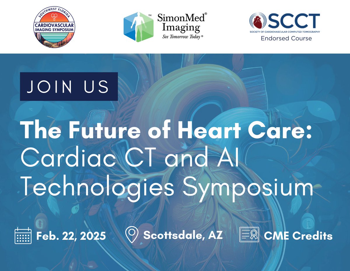 SimonMed Imaging (@simonmedimaging) on Twitter photo Don’t miss your chance to register for <a href="/SWFLCIS/">Southwest Florida Cardiovascular Imaging Symposium</a> The Future of Heart Care symposium!
Endorsed by the #SCCT, this premier gathering is designed to bridge the gap between innovation and everyday clinical practice in cardiovascular care.
Register today! swflcis.com Don’t miss your chance to register for <a href="/SWFLCIS/">Southwest Florida Cardiovascular Imaging Symposium</a> The Future of Heart Care symposium!
Endorsed by the #SCCT, this premier gathering is designed to bridge the gap between innovation and everyday clinical practice in cardiovascular care.
Register today! swflcis.com