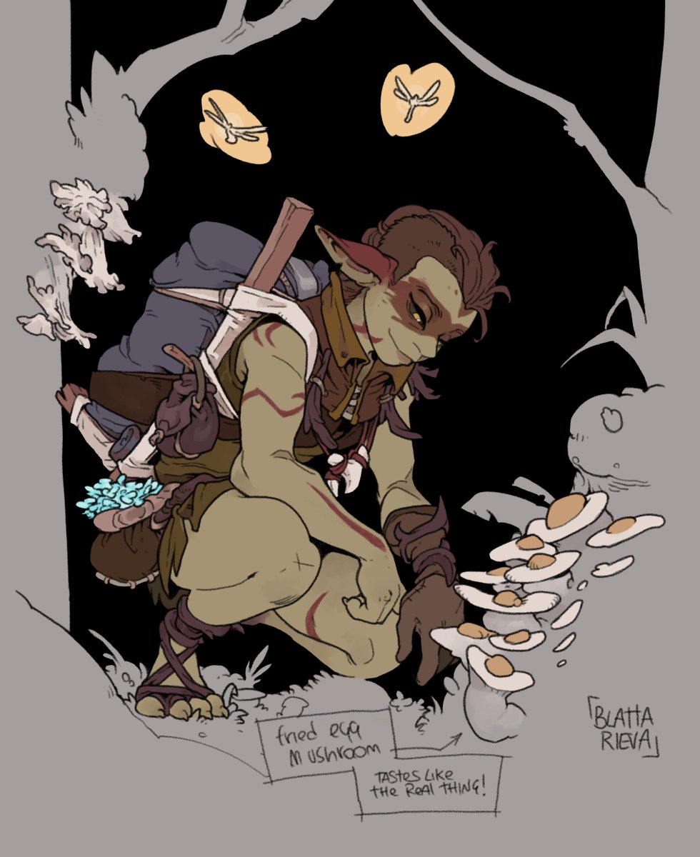 Drew this one for <a href="/SnakeGremlin/">izrez</a> . she’s a mushroom-foraging goblin witch of sorts. I love his character designs, it’s been a pleasure drawing this picture for him.