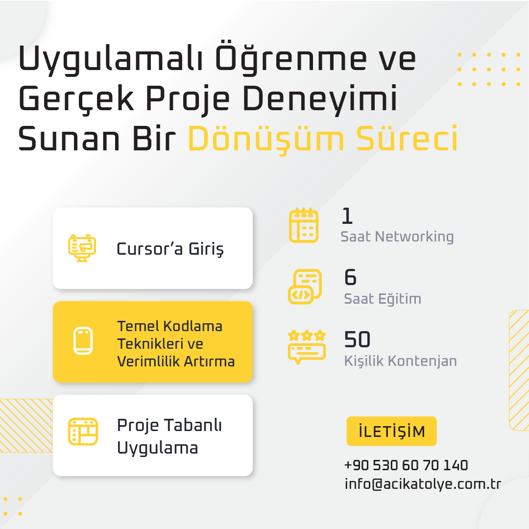 🎓Cursor Eğitimi

👥 Fatih Kadir Akın <a href="/fkadev/">fatih kadir akın</a> 

📆 Tarih: 22.02.2025 Cumartesi ⏰ Saat: 10:00 - 17:00

📍 Eğitim Yeri: Yüz yüze Açık Atölye’de &amp; Platformdan Canlı

⚠ Fiziksel katılım kontenjanı 50 kişi ile sınırlıdır! 

📅 Kayıt: 0530 60 70 140 veya
edu.acikatolye.com.tr/course/cursor-…